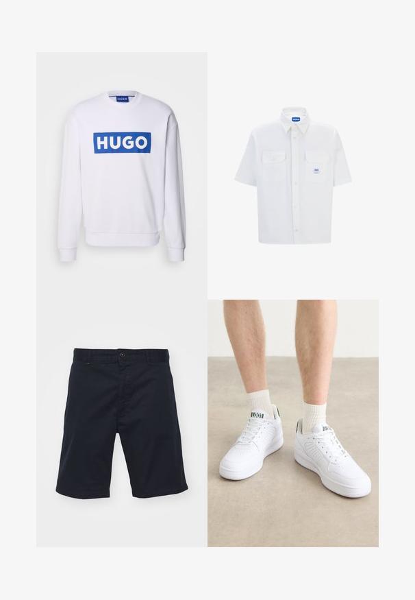 Valge pikkade varrukatega dressipluus, millel on suur sinine ristkülikukujuline logo, millel on rinnal valgete suurte tähtedega kiri "HUGO".; Valge lühikeste varrukatega särk, millel on nööbid alla, kaks esitaskut ja sinine logo etikett. Valmistatud siledast kangast, millel on kohandatud lõige.; Tumedat puuvillased lühikesed püksid nupuga kinnitamisega, sirge lõike ja ees olevate taskutega. Omab siledat tekstuuri ja lihtsat kujundust.; Valged spordijalatsid perforatsioonide, nööride ja paksude kummitaldadega. Kombineeritud heledate kreemjate soonikkudumitega sokkidega kontrasti loomiseks.