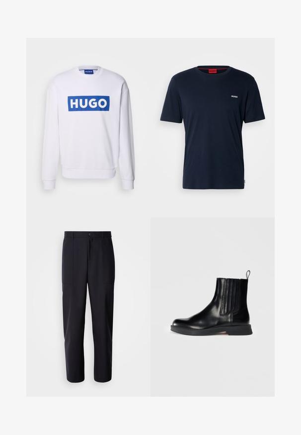 Sweatshirt blanc à manches longues, arborant un grand logo rectangulaire bleu avec "HUGO" écrit en lettres capitales blanches sur la poitrine.; T-shirt en coton bleu marine à manches courtes, col rond et petit logo blanc "HUGO" sur la poitrine gauche. Texture lisse, design minimaliste.; Pantalons bleu marine foncé en tissu lisse, présentant une coupe droite, deux poches latérales et une fermeture à bouton à la taille.; Botte en cuir noir mi-mollet avec des panneaux élastiques sur les côtés, bout rond, petit talon bloc et languette. Présente une texture lisse et un design épuré.
