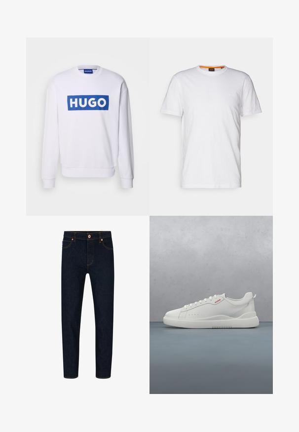Witte sweatshirt met lange mouwen, voorzien van een groot blauw rechthoekig logo met de tekst "HUGO" in witte hoofdletters over de borst.; Witte katoenen T-shirt met ronde hals, korte mouwen en een subtiel reliëflogo op de borst. Het binnenlabel heeft een oranje accent.; Donkerblauwe denim jeans met een slim fit, contrasterende oranje stiksels en een klassieke knoopsluiting. Voorzien van voorkruiden en taps toelopende benen.; Witte sneaker met een gladde leren afwerking, ronde neus, vier veterogen, subtiele perforaties en een rood logo detail aan de zijkant.