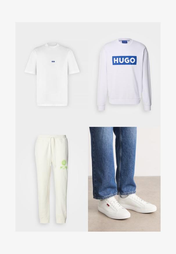 Sweatshirt blanc à manches longues, arborant un grand logo rectangulaire bleu avec "HUGO" écrit en lettres capitales blanches sur la poitrine.; T-shirt blanc à manches courtes et col rond avec un petit logo rectangulaire bleu "HUGO" centré sur la poitrine.; Pantalons de survêtement couleur crème en mélange de coton, avec une taille élastique, un cordon de serrage et un logo sourire imprimé vert fluo sur le devant.; Baskets blanches avec une surface lisse, un bout rond et une semelle plate. Accompagnées d'un jean en denim bleu avec une coupe droite et des coutures visibles.