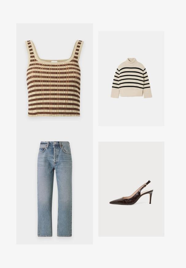 Beige højhalset sweater med sorte vandrette striber, med ribbede manchetter og kant. Blød tekstur og afslappet pasform.; Ribbet, cropped tank top i creme med brune og orange lodrette striber. Har en firkantet udskæring og brede stropper for støtte.; Lyseblå denimjeans med lige pasform, høj talje og klassisk femlomme-design. Har diskret sliding og lynlås.; Mørkebrun læderslingback med krokodillemønster, høj hæl, spids tå og guldspænde mod hvid baggrund.