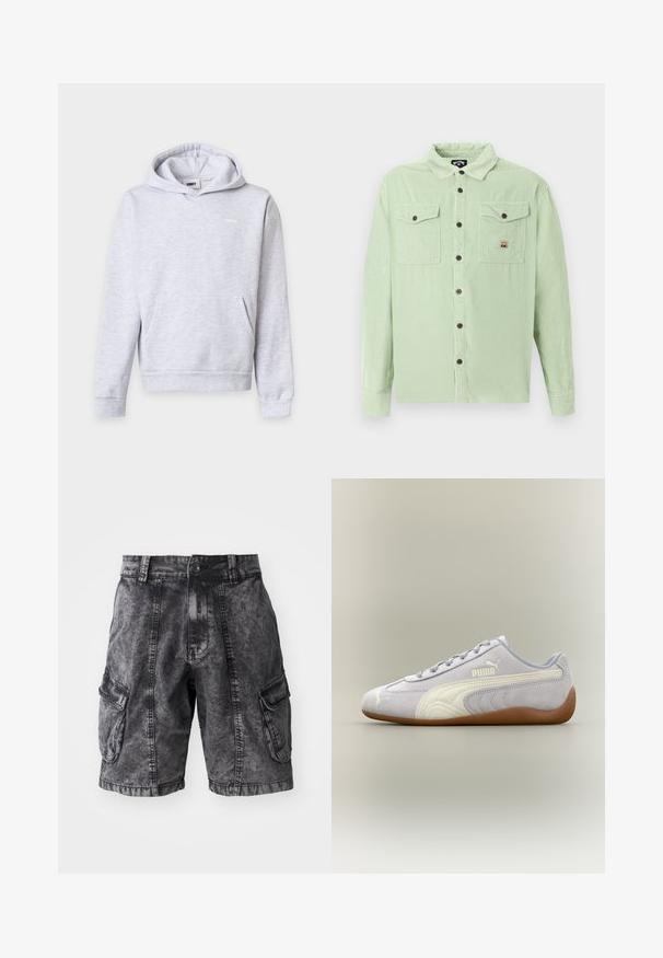Sudadera con capucha de color gris claro con bolsillo delantero y pequeño logo blanco "Obey" en el pecho, mostrada sobre un fondo liso.; Camisa de pana verde claro de manga larga con botones marrones y dos bolsillos en el pecho con botón, uno de ellos con un pequeño parche con logo.; Pantalones cortos cargo de mezclilla negra con textura desgastada, dos bolsillos laterales y cierre de botón. Hasta la rodilla con costuras reforzadas.; Zapatilla de deporte Puma de ante gris claro con detalle de raya blanca y suela de goma, vista desde el lateral exterior sobre un fondo neutro.