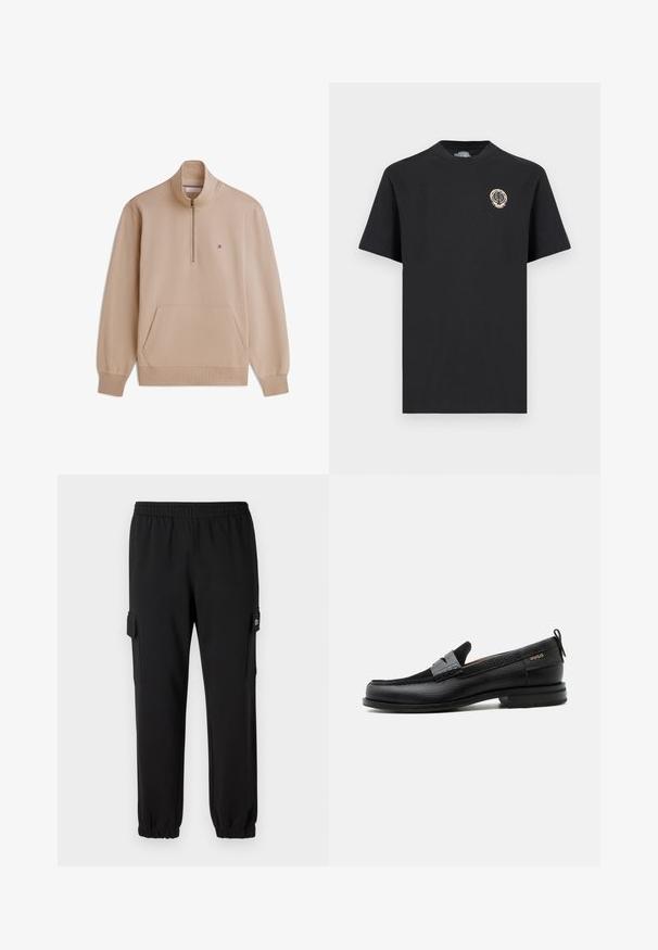 Beiges Sweatshirt mit Viertel-Reißverschluss, gerippten Bündchen und Saum, Kängurutasche und kleinem rot-weiß-blauem Flaggenlogo auf der Brust.; Schwarzes T-Shirt mit kurzen Ärmeln und Rundhalsausschnitt, mit einem kleinen, runden beigen Logo mit Blatt- und Totenkopfdesign auf der linken Brust.; Schwarze Sweatpants mit einem elastischen Bund, schmal zulaufenden Bündchen und seitlichen Cargo-Taschen. Hergestellt aus weichem Material mit einer glatten Textur.; Schwarzer Lederloafer mit grauem Riemendetail, niedrigem Absatz und strukturierter Sohle, seitlich mit „HUGO“ in Gold gebrandmarkt.