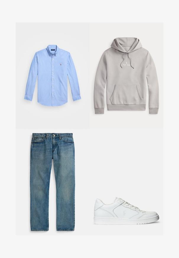 Lysegrå Ralph Lauren hoodie med frontkangaroo lomme, snøre i hætten og lille hvid broderet logo på brystet.; Blå og hvid stribet langærmet skjorte med knaplukning, spids krave og logoemblem på brystet. Bomuldsstof med glat tekstur.; Lyseblå denimjeans med lige ben, der har fem lommer, lukning med knap og diskret falmet effekt for tekstur.; Hvide lædersneakers med en glat tekstur, der har en perforeret tå, snørebåndslukning og broderet logo på siden. Hvid gummisål.
