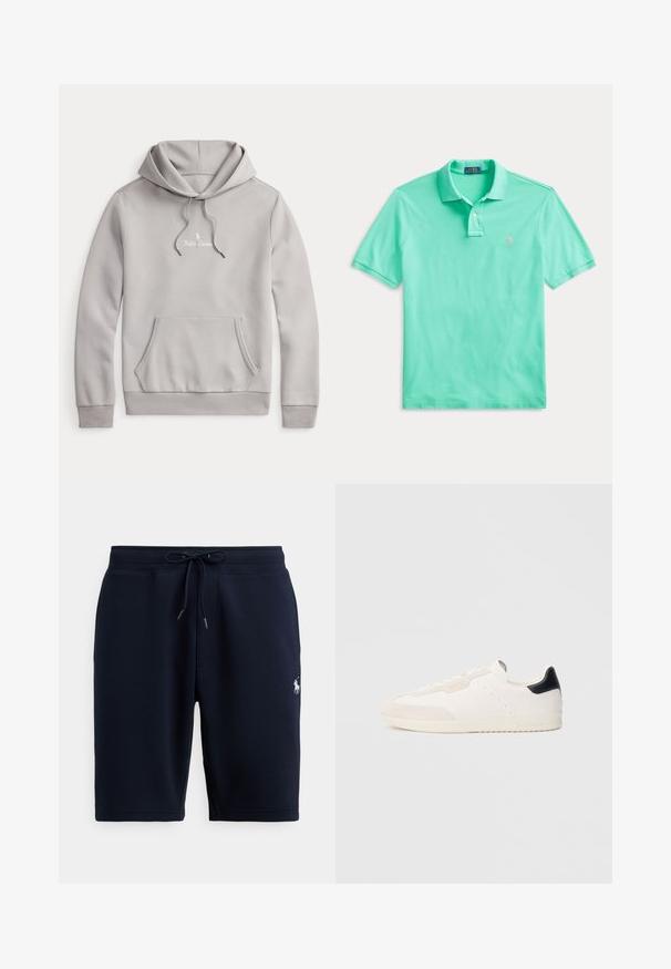 Lysegrå Ralph Lauren hoodie med frontkangaroo lomme, snøre i hætten og lille hvid broderet logo på brystet.; Mintgrøn kortærmet polo med krave, to-knaps lukning og lille pink broderet logo på venstre bryst.; Marineblå atletiske shorts i bomuld med elastisk taljebånd, snor og logoaccents på venstre side. Glat tekstur, knælang.; Hvide lædersneakers med ruskindsdetaljer, der har en sort hælfane, snøredesign, perforerede detaljer og diskret branding på siden.