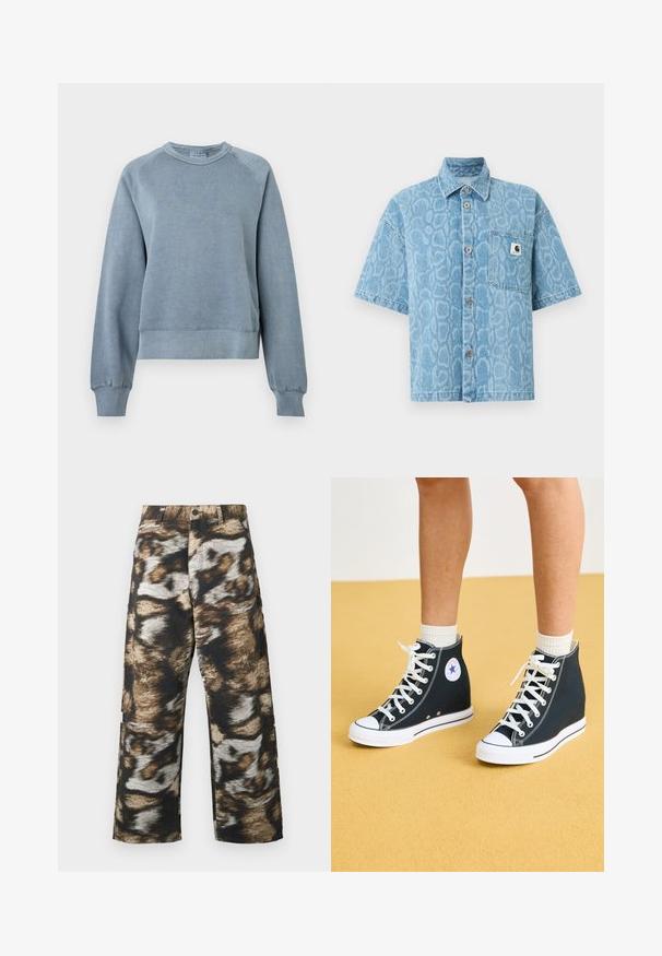 Blå bomulds sweatshirts med rund hals, ribbede manchetter og kant. Har en afslappet pasform og raglanærmer, med en blød tekstur for komfort.; Kortærmet denimskjorte i lyseblå med et struktureret dyreprint, med knaplukning foran og en enkelt brystlomme.; Viddebenede bukser med et fedt, abstrakt mønster i sort, brun og creme. Fremstillet af tekstureret stof med høj talje.; Høje sneakers i mørkeblåt kanvas med hvide gummisåler, snørebånd og detaljer. Har et rundt logo og hvide syninger.