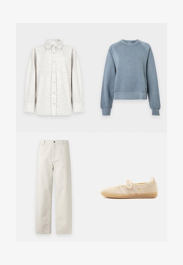 Sweat-shirt bleu en coton avec un col ras du cou et des poignets et ourlet côtelés. Il présente une coupe décontractée et des manches raglan, avec une texture douce pour le confort.; Chemise à boutons imprimé léopard en tissu gris clair, avec un col pointu, une poche poitrine et des manches longues.; Pantalon beige à jambes larges avec fines rayures verticales discrètes, passants de ceinture, fermeture par bouton et poches avant.; Baskets Mary Jane en daim beige avec sangle auto-agrippante, semelle en gomme, trois bandes cousues et marquage doré "SAMBA" sur le côté.