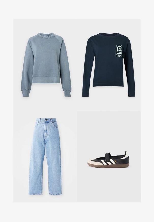 Μπλε βαμβακερή μπλούζα crewneck με ριμπ μανσέτες και στρίφωμα. Διαθέτει χαλαρή εφαρμογή και ρακλάν μανίκια, με μαλακή υφή για άνεση.; Μακρυμάνικο μπλε ναυτικό πουκάμισο με στρογγυλή λαιμόκοψη και λευκό λογότυπο λουλουδιού με κείμενο "Quiksilver" στο αριστερό στήθος.; Ψηλόμεσα ανοιχτόχρωμα τζιν παντελόνια με ίσιες φαρδιές γραμμές, κλείσιμο με κουμπί και φερμουάρ, καθώς και μπροστινές και πίσω τσέπες.; Μαύρο και μπεζ αθλητικό παπούτσι με λουράκι βέλκρο, τρεις λευκές ρίγες στο πλάι και υφασμένη καφέ πατούσα από καουτσούκ. Ορατό το λογότυπο της μάρκας.