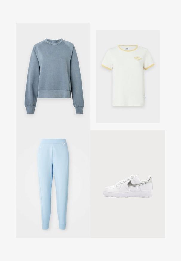 Blaues Baumwollpullover mit Rundhalsausschnitt, gerippten Bündchen und Saum. Bietet eine lockere Passform und Raglanärmel sowie eine weiche Textur für Komfort.; Weißes Baumwoll-T-Shirt mit gelbem Rippenkragen und Ärmelbündchen. Verfügt über eine gelbe gestickte Markenetikettierung auf der Vorderseite. Reguläre Passform.; Helle blaue Jogginghosen aus weichem Material mit glatter Textur, schmal zulaufenden Beinen und einem dezenten Logoakzent an der Seite.; Weißer Low-Top-Sneaker mit metallisch silbernem Nike-Swoosh und weißen Schnürsenkeln auf schlichtem hellgrauem Hintergrund.