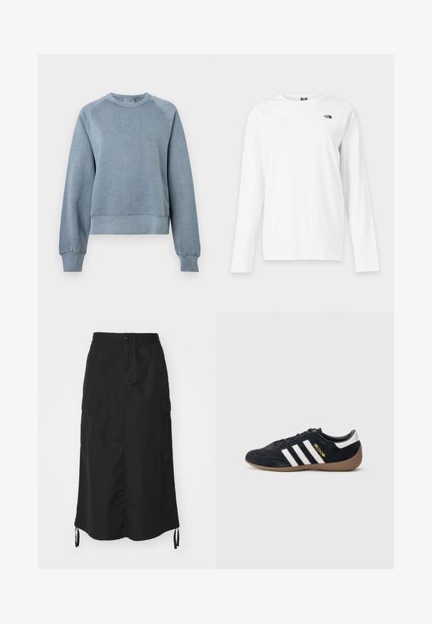 Blauwe katoenen sweatshirt met ronde hals, boorden en onderkant met ribbel. Heeft een ontspannen pasvorm en raglanmouwen, met een zachte textuur voor comfort.; Wit shirt met lange mouwen en ronde hals met klein zwart The North Face-logo op de linkerborst.; Zwarte mid-lange rok van lichtgewicht stof. Heeft een elastische tailleband, knoopsluiting en zijzakken met trekkoordaccenten.; Zwarte suède sneaker met drie witte strepen, een rubberen gumzool en een klein gouden logo aan de zijkant. Heeft een gladde zwarte binnenvoering.