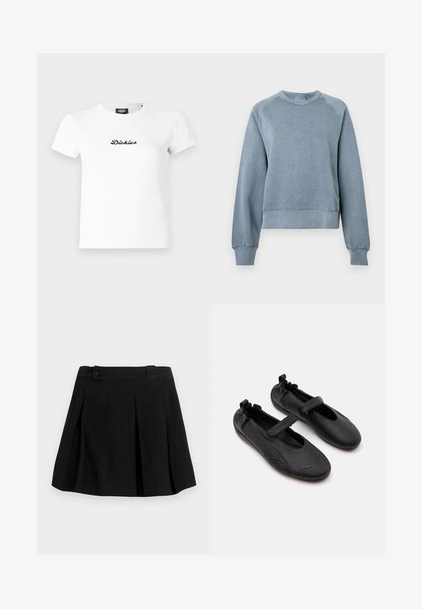 Μπλε βαμβακερή μπλούζα crewneck με ριμπ μανσέτες και στρίφωμα. Διαθέτει χαλαρή εφαρμογή και ρακλάν μανίκια, με μαλακή υφή για άνεση.; Λευκό ριμπ κοντομάνικο μπλουζάκι με μαύρο καλλιγραφικό λογότυπο "Dickies" στο κέντρο του μπροστινού μέρους και στρογγυλή λαιμόκοψη.; Μαύρη πλισέ φούστα με ζωνάκι στη μέση και λεπτομέρεια με κουμπί, μήκους μέχρι το γόνατο, κατασκευασμένη από λείο ύφασμα, παρουσιάζεται σε απλό φωτεινό φόντο.; Ζευγάρι μαύρα δερμάτινα παπούτσια στυλ Mary Jane με ελαστική φτέρνα και ρυθμιζόμενο λουράκι, με λογότυπο Puma στην περιοχή των δακτύλων.