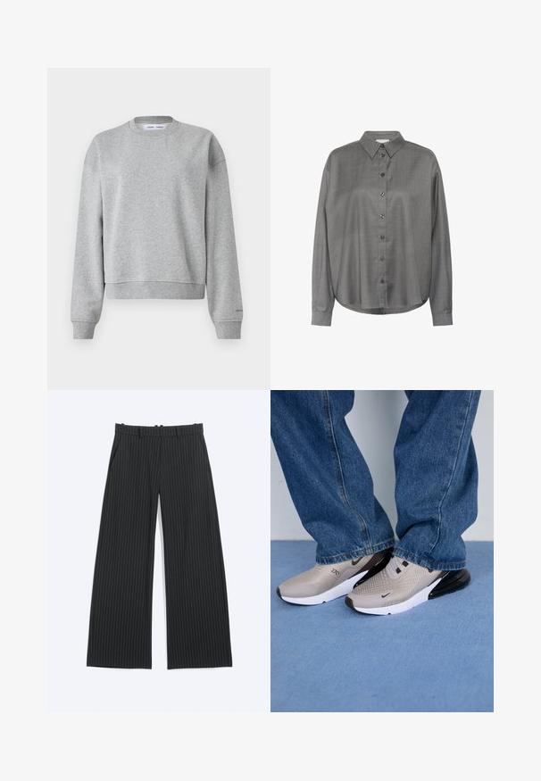 Grauer Sweatshirt mit rundem Halsausschnitt, langen Ärmeln und einem leicht verkürzten Design. Aus weichem Stoff mit gerippten Bündchen und Saum.; Graues Hemd mit Knopfleiste, Kragen, langen Ärmeln und lockerer Passform. Es hat einen strukturierten Stoff und dunkle Knöpfe entlang der Vorderseite.; Schwarze, weit geschnittene Hosen mit dünnen weißen Nadelstreifen, Gürtelschlaufen, seitlichen Taschen und einem verdeckten vorderen Verschluss.; Graue Sneaker mit Mesh-Obermaterial, schwarzen Akzenten und weißer Sohle. Getragen mit lockeren blauen Jeans, die teilweise die Schuhkanten verdecken.