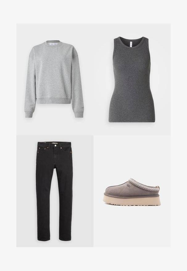 Sweatshirt gris avec un col rond, des manches longues et un design légèrement court. Fabriqué en tissu doux avec des poignets et un ourlet côtelés.; Débardeur gris sans manches en matière côtelée ; doté d'un col rond et d'une coupe ajustée. Sans motifs ni accents supplémentaires.; Jean en denim noir avec une coupe droite, un design à cinq poches, des rivets en métal et des coutures contrastées. Texture lisse avec une coupe classique.; Chaussure en daim gris à enfiler avec une semelle beige épaisse, des coutures décoratives autour de l'ouverture et le logo "UGG" sur le côté.