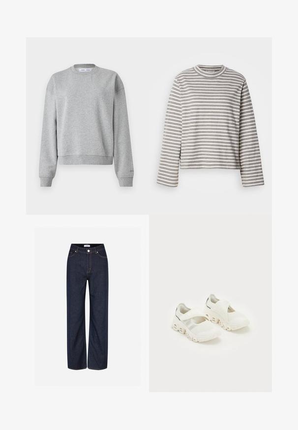 Grauer Sweatshirt mit rundem Halsausschnitt, langen Ärmeln und einem leicht verkürzten Design. Aus weichem Stoff mit gerippten Bündchen und Saum.; Gestreiftes Langarmshirt in Hellgrau und Weiß mit Rundhalsausschnitt und lockerer Passform. Der Stoff wirkt weich und hat eine leicht strukturierte Oberfläche.; Dunkelblaue Weitbeine-Jeans aus Denim mit großen Taschen, kontrastierenden orangen Nähten und einem Knopfverschluss an der Taille.; Weiße Mesh-Sportschuhe mit einem Riemenverschluss, gepolstertem Knöchelbereich und einem markanten, geschwungenen Sohlen-Design mit ausgehöhlten Abschnitten.