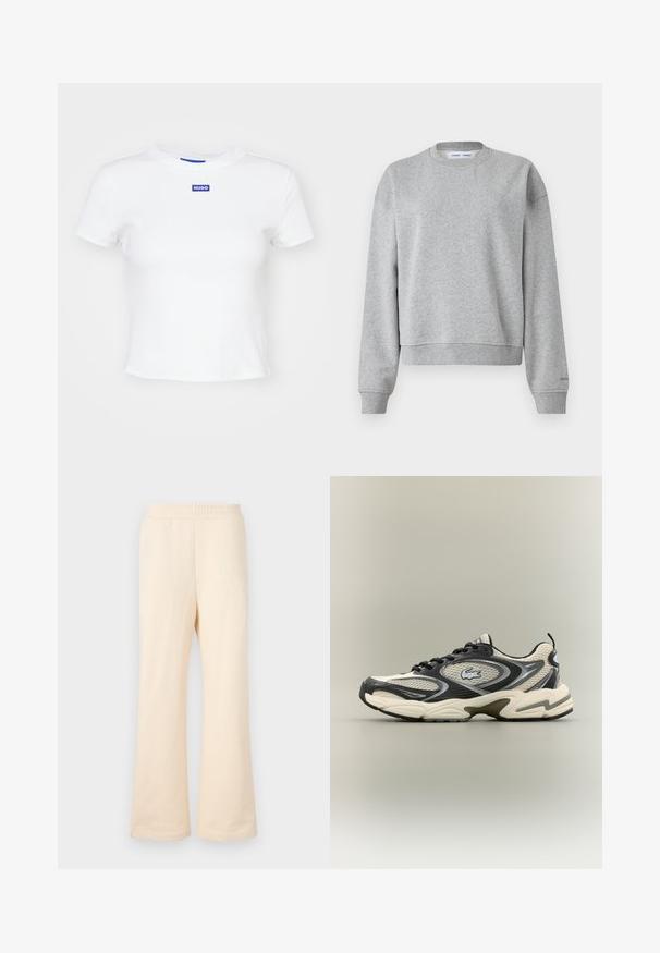 Grå sweatshirt med rund halsudskæring, lange ærmer og et let cropped design. Fremstillet af blødt stof med ribbede manchetter og kant.; Hvid bomulds t-shirt med korte ærmer, rund halsudskæring og et blåt rektangulært logo-patch med teksten "HUGO" midt foran.; Beige bredde-bukser i sweatshirtstof lavet af blødt bomuldsstof, med elastisk linning og subtilt broderet logo på venstre side foran.; Sorte og beige mesh sneakers har en polstret krave, tekstureret overdel og en fremtrædende logo på siden. Slank design med bøjet sål.