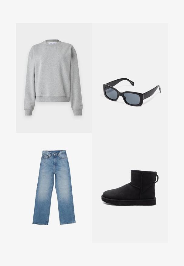 Sudadera gris con cuello redondo, mangas largas y un diseño ligeramente recortado. Fabricada en un tejido suave con puños y dobladillo de canalé.; Los vaqueros de denim azul claro cuentan con un diseño de pierna recta, estilo de cinco bolsillos y cierre de botón. La tela presenta una textura desgastada.; Botín de ante negro hasta el tobillo con punta redonda, forro de borreguillo y suela plana de goma. Presenta una costura lateral y una tirador en la parte trasera.; Gafas de sol rectangulares negras con lentes oscuros, montura de plástico grueso y patillas anchas. Superficie lisa y diseño anguloso.