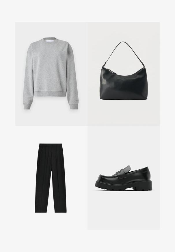 Grå sweatshirt med rund halsudskæring, lange ærmer og et let cropped design. Fremstillet af blødt stof med ribbede manchetter og kant.; Sorte, højtaljede bukser med lige ben-design, der har plisseringer og sidelommer, lavet af et letvægtsstof.; Sorte læder loafers med en chunky tekstureret sål, der har en rem over vamps og en glat, poleret finish.; Sort skuldertaske i struktureret læder med buet toplynlås og enkelt justerbar rem mod ensfarvet baggrund.