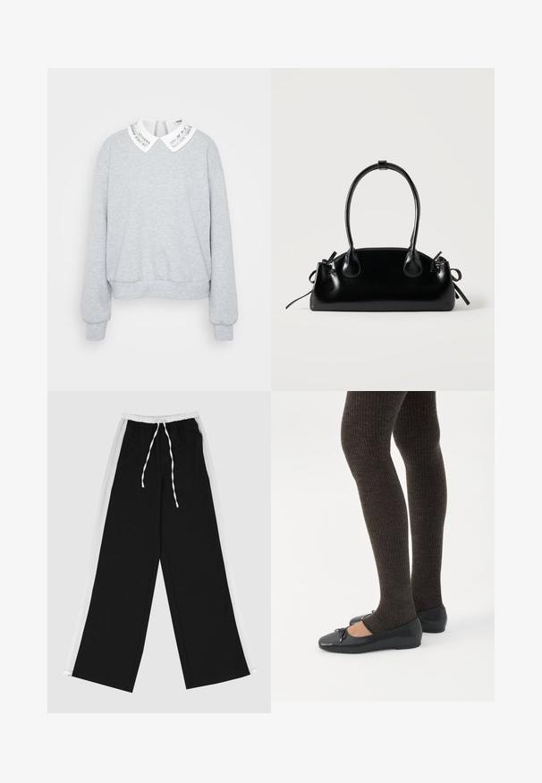 Grå sweatshirt med lange ærmer, en rund kant og en hvid krave med et sølvstribet design. Blød stoftekstur.; Sorte bukser med brede ben og en hvid sideliste, elastisk talje og snoretræk. Fremstillet i blødt, glat stof for maksimal komfort.; Ben iført mørke ribbede leggings kombineret med sorte balletsko med små sløjfedetaljer på hvid baggrund.; Lille sort blank håndtaske med to lange håndtag og snøre-detaljer i siden på en ensfarvet lys baggrund.