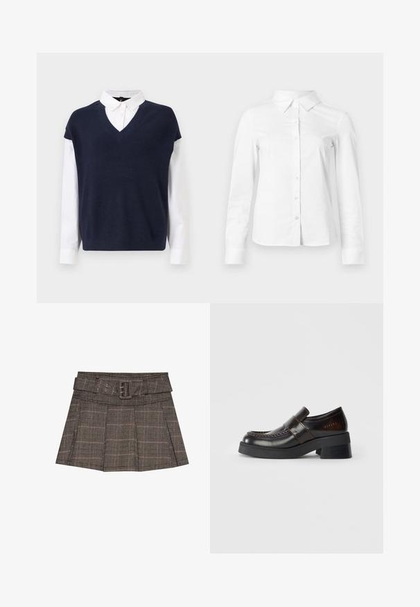 Pull en V navy superposé à une chemise blanche à col. Le pull présente une texture côtelée ; la chemise a des manches longues et des poignets à boutons.; Chemise blanche à manches longues avec boutons, col pointu, ourlet droit et silhouette ajustée, présentée sur un fond clair uni.; Jupe mini à carreaux en noir, brun et beige. Comprend une taille ceinturée, des plis et un tissu texturé avec un motif géométrique.; Mocassins en cuir marron avec un large talon noir, présentant un design cousu et une sangle traversant le dessus pour un détail supplémentaire.