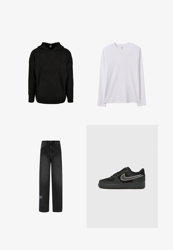 Zwarte geribbelde gebreide hoodie met een voorzak en een capuchon met trekkoord. Heeft een losse fit en een gestructureerd patroon op de stof.; Effen wit shirt met lange mouwen en ronde hals, reguliere pasvorm, plat weergegeven op een witte achtergrond.; Zwarte denim brede-spijkerbroek met een hoge taille, met twee voordeliger zakken en een decoratieve logodetail op het onderbeen.; Nike Air Force 1 sneaker in zwart suède en leer, met een zilveren swoosh, ronde neus, vetersluiting en een geribbelde rubberen buitenzool.