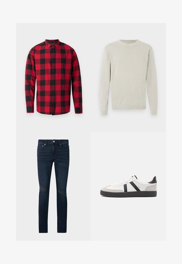 Lys grå sweater i et blødt strikmateriale med rund halsudskæring, lange ærmer og ribstrikkede manchetter og kant. Simpel og udekoreret design.; Rødmønstret flannel-skjorte i sort og rød med knaplukning foran, lange ærmer og krave. Har et klassisk ternet mønster.; Mørkeblå slim-fit jeans med slidte detaljer på begge knæ og klassisk fem-lommer design.; Hvide sneakers med sorte og grå detaljer, med en tekstureret grå tåhætte, sort gummisål og flade hvide snørebånd. Rent design, minimalistisk stil.