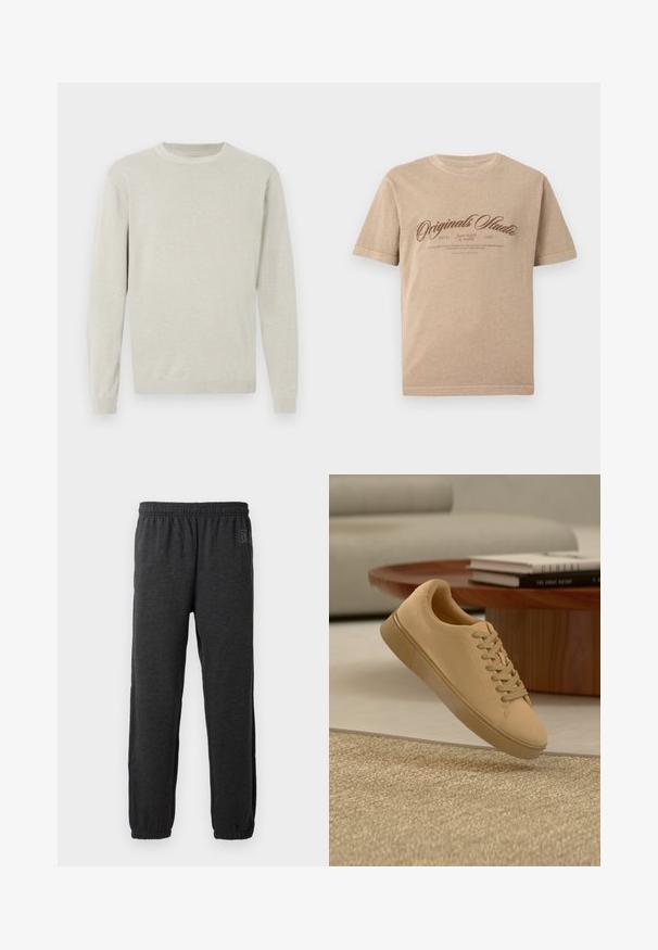 Lys grå sweater i et blødt strikmateriale med rund halsudskæring, lange ærmer og ribstrikkede manchetter og kant. Simpel og udekoreret design.; Beige bomulds t-shirt med korte ærmer, der har et brunt vintage-inspireret print med teksten "Originals Studio" og yderligere tekst nedenunder.; Grå sweatpants lavet af blødt stof, med elastisk talje og indsnævrede ben med elastiske manchetter. Subtilt logo detalje på det ene ben.; Beige snørestøvler, der svæver over et tekstureret tæppe med et træ sofabord og stablede bøger i en sløret baggrund.