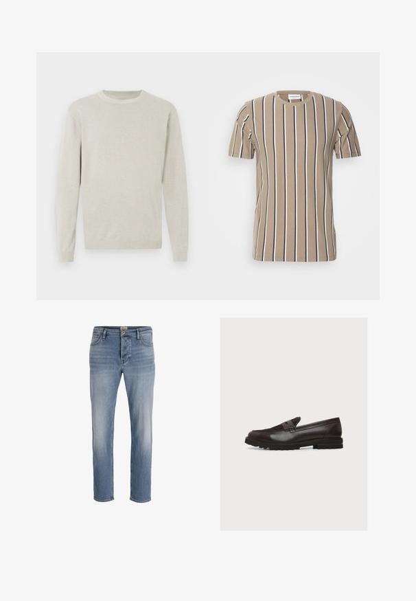 Lys grå sweater i et blødt strikmateriale med rund halsudskæring, lange ærmer og ribstrikkede manchetter og kant. Simpel og udekoreret design.; Beige bomulds t-shirt med horisontale striber i mørkebrun og hvid, rund hals og korte ærmer. Blød tekstur og afslappet design.; Lysblå denimjeans med lige pasform, let falmning foran, fem-lomme design og metalknaplukning i taljen.; Mørkebrun læderloafer med ruskindstop, pennyrem, syninger og tyk gummisål med slidmønster, vist fra siden.