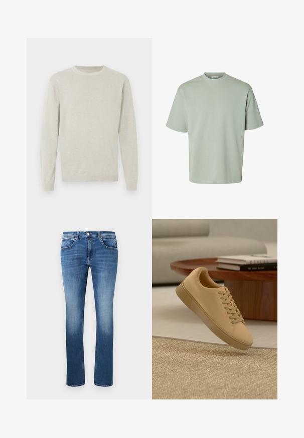 Hellgrauer Pullover aus weichem Strickmaterial mit Rundhalsausschnitt, langen Ärmeln sowie gerippten Bündchen und Saum. Schlichtes und unprätentiöses Design.; Schlichtes hellgrünes T-Shirt mit kurzen Ärmeln, Rundhalsausschnitt, lockerem Sitz und glatter Stoffstruktur.; Blaue Jeans aus Denim mit geradem Schnitt, mit leichter Ausbleichung, fünf Taschen und einem Knopf- und Reißverschluss. Genähte Details entlang der Nähte.; Beiger geschnürter Sneaker, der über einem strukturierten Teppich mit Holzcouchtisch und gestapelten Büchern im verschwommenen Hintergrund schwebt.