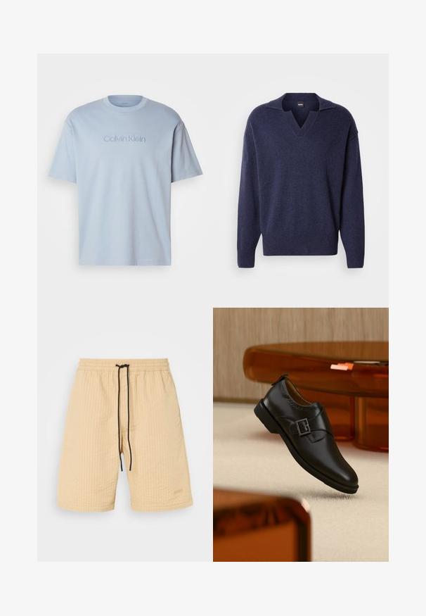 Jersey de punto azul marino con cuello en V y cuello, ajuste holgado, con puños y bajo acanalados. Textura suave con detalles mínimos.; Camisa de algodón de color azul claro con cuello redondo, mangas cortas y logo bordado de "Calvin Klein" en un tono a juego en la parte frontal.; Pantalones cortos beige con un tejido texturizado, cintura elástica y cordón negro. Presenta un sutil acento de logo. Diseño de corte recto.; Zapato monk de cuero negro con hebilla plateada, flotando sobre una alfombra beige con muebles translúcidos marrones al fondo.