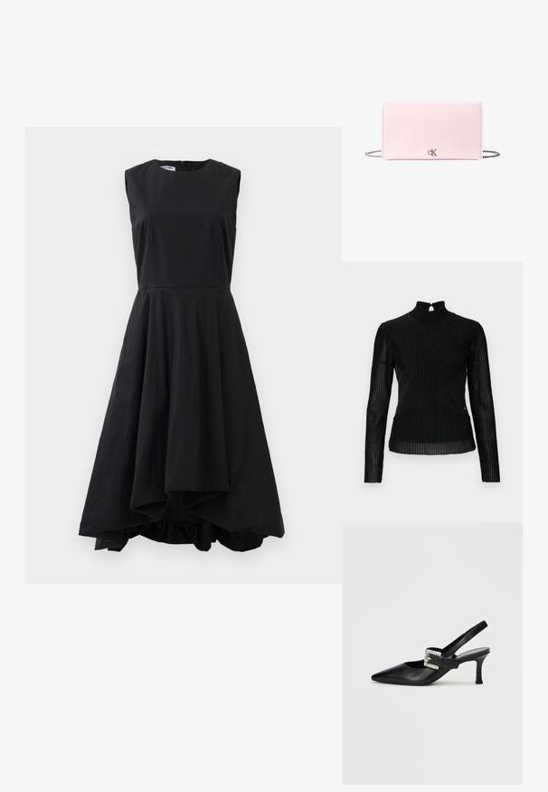 Top negro ajustado de manga larga, con cuello alto y cierre en forma de ojo de cerradura en la espalda. Tejido acanalado texturizado con detalles de costura diagonal.; Vestido midi negro sin mangas con corsé ajustado y dobladillo asimétrico y acampanado colgando sobre un fondo liso.; Zapato slingback de cuero negro con puntera puntiaguda, tacón pequeño y adorno de hebilla con cristales de strass. Textura lisa, diseño minimalista.; Clutch rectangular de cuero color rosa claro con cadena plateada y pequeño logotipo CK plateado en el centro frontal.