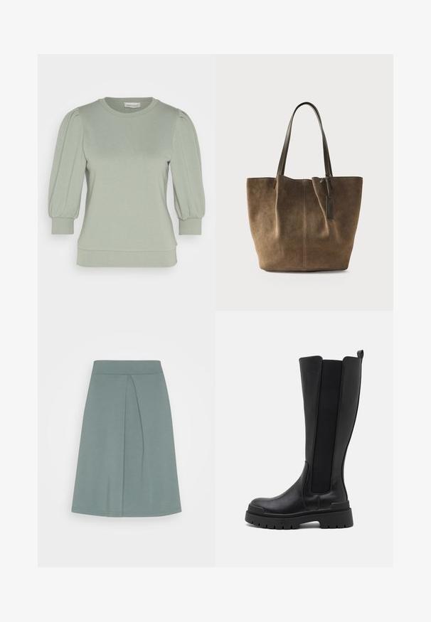 Lys grøn pullover i blødt stof med pufærmer, rund halsudskæring og ribbede manchetter og kant. Glat, struktureret overflade.; Anna Field A-snit nederdel - light green; Even&Odd Plateaustøvler - black; Brun ruskindtaske med lange mørke hanke og en lille vedhæftet mærkat, stående oprejst på en ensfarvet lys baggrund.
