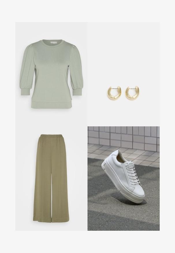 Sweater ligero verde claro hecho de tela suave, con mangas abullonadas, escote redondo y puños y dobladillo acanalados. Acabado suave y texturizado.; Thought FAYA WIDE LEG TROUSER - Pantalones - green; Zapatilla de cuero blanca con diseño bajo, cordones planos, punta redondeada y laterales texturizados. Suela de goma gruesa con acentos sutiles.; Pendientes de aro en tono dorado con un acabado suave y pulido. Presentan una forma de medio círculo y un cierre de poste seguro.