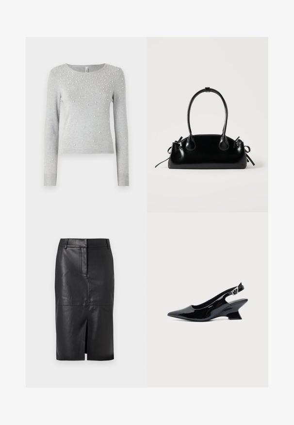 Grå strikket sweater med lange ærmer, rund halsudskæring og spredte hvide perleudsmykninger. Ribbet mansjetter og kant.; Sort læder blyantskørter med en forslidser, der har en glat tekstur, to sidelommer og en tætsiddende silhuet.; Sort laklæder slingback sko med spids tå og lav vinklet blokhæl på ensartet lys baggrund.; Lille sort blank håndtaske med to lange håndtag og snøre-detaljer i siden på en ensfarvet lys baggrund.