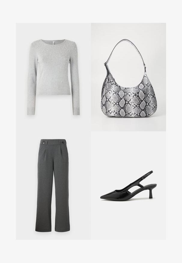 Suéter de punto gris con mangas largas, escote redondo y adornos de perlas blancas dispersas. Puños y dobladillo acanalados.; Pantalones de pierna ancha grises hechos de un tejido texturizado, con una cintura alta, pliegues en la parte delantera y dos botones en la cinturilla.; Tacones de slingback negros con punta afilada, hechos de material brillante, que presentan acentos recortados y un tacón moderado para mayor soporte.; Bolso de hombro con estampado de serpiente en blanco y negro, de forma redondeada, textura suave y correa curvada. Presenta un acento de hardware plateado.