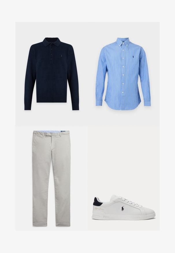 Jersey polo de punto azul marino de manga larga con cuatro botones negros y puños y fajín acanalados.; Camisa de vestir azul de manga larga con rayas blancas verticales, cuello abotonado y pequeño logo bordado en el pecho izquierdo.; Pantalones chinos gris claro hechos de tejido de algodón suave, con un diseño clásico, piernas rectas, bolsillos laterales y un acabado limpio en los dobladillos.; Zapatilla blanca de perfil bajo con logo de jugador de polo negro en el lateral, lengüeta trasera azul marino, cordones blancos y "Ralph Lauren" firma dorada cerca del talón
