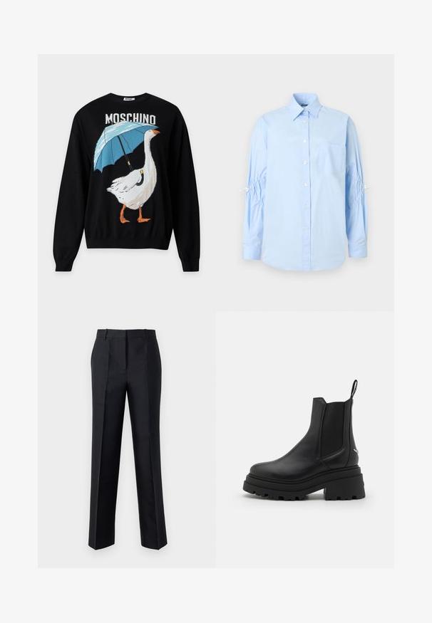 Sort sweater med en hvid gås, der holder en blå paraply, og ordet Moschino over designet.; Lyseblå langærmet skjorte med knapper, spidst krave, brystlomme og rynkede ærmedetaljer samlet med hvide stropper.; Sorte bukser med lige ben, glat tekstur og skjult lynlås. Har folder for ekstra stil og en skræddersyet udseende.; Sorte chelsea støvler lavet af glat læder med elastiske sidepaneler, en tyk, rillede gummisål og en pull-tab bagpå.