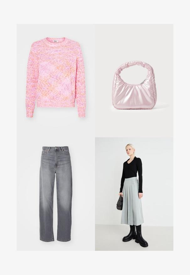 ONLY ONLBEAUTY NECK - Πουλόβερ - pink lady; Weekday RAIL MID LOOSE STRAIGHT - Straight leg jeans - misty grey; Μαύρη μπλούζα με μακριά μανίκια, ανοιχτό γκρι πλισέ φούστα με διπλές αγκράφες, και μαύρα μποτάκια με χοντρή σόλα; ασημί τσάντα χειρός με διακοσμητικά στοιχεία.; Ροζ, επενδεδυμένη τσάντα χειρός με στρογγυλεμένο σχέδιο, κατασκευασμένη από γυαλιστερό υλικό. Διαθέτει μαζεμένη λαβή και κλείσιμο με φερμουάρ για ασφαλή πρόσβαση.