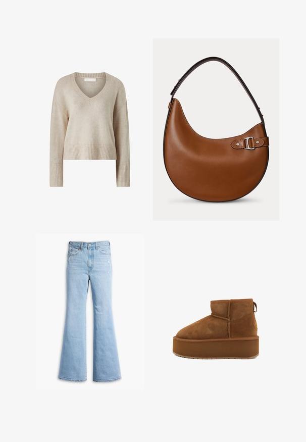 Beige strikket sweater med v-hals, lange ærmer og ribbede manchetter og kant. Blød tekstur, cropped pasform og minimal detaljering.; Lyseblå flagrende jeans lavet af denim, med høj talje, diskret falmning, slidte detaljer og standard fem-lomme design.; Brune ruskindsankelstøvle med en rund tå og en platformsål. Har en lille hæl og en løkke for nem påtagning. Tekstureret overflade med syningsdetaljer.; Brun læder håndtaske i halvmåneform med en tyk rem og sølvspænde på den ene side mod en ensartet lys baggrund.