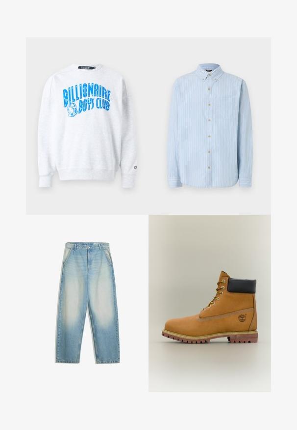Grå sweatshirt med rund hals og afslappet pasform. Har et blåt "Billionaire Boys Club"-motiv og en lille logo på ærmet. Blød tekstur.; Lyseblå langærmet skjorte med knapper, hvide, blå og beige lodrette striber, knappet krave, brystlomme og beige knapper.; Lyseblåvaskede denimjeans med løs pasform, sidelommer, bæltestropper og knaplukning ved taljen.; Brun læderankelstøvle med sort krave, gule snørebånd og tanfarvet sål. Har logo og hvide syninger som detalje. Robust ydersål med greb.