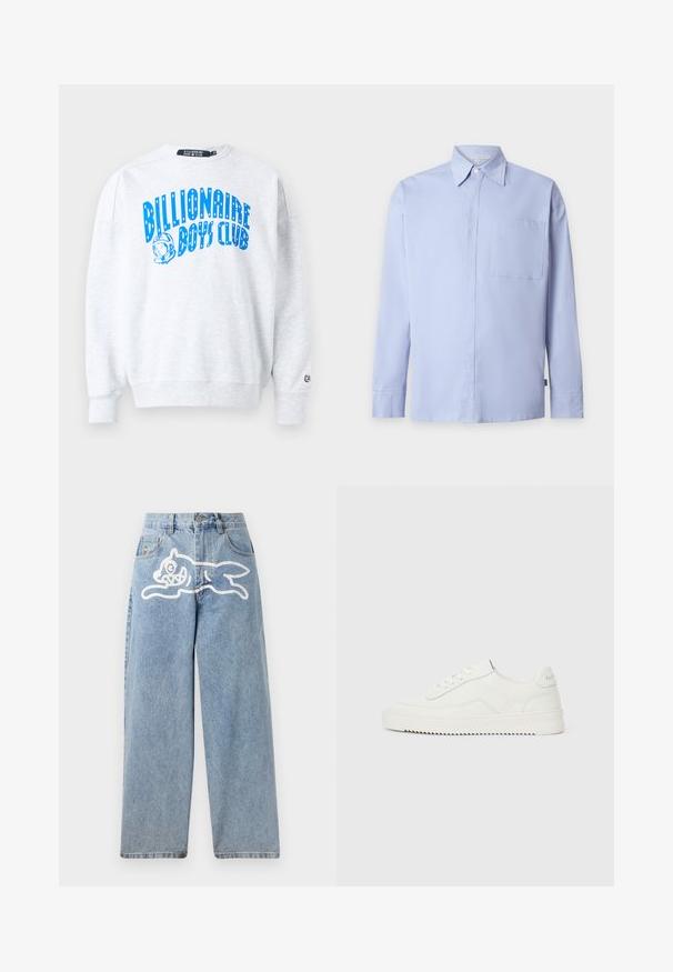 Sweat-shirt gris à col rond et coupe décontractée. Présente un graphisme bleu "Billionaire Boys Club" et un petit logo sur la manche. Texture douce.; Chemise bleu clair à manches longues avec boutons, col pointu et une poche poitrine unique sur fond blanc uni.; Jeans en denim de couleur bleu clair avec une coupe décontractée et jambes larges. Présente un graphique blanc d'un chat courant à l'arrière. Design classique à cinq poches.; Baskets basses en cuir blanc avec fermeture à lacets, languette de talon texturée et semelle en caoutchouc blanc légèrement rainurée sur un fond clair uni.