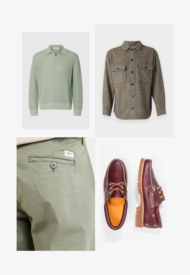 Lichtgroene gebreide trui met lange mouwen, geribbelde boorden en zoom, voorzien van een kraag en een V-vormige halsopening.; Jack & Jones Over Relaxed Fit - Overhemd - delicioso; Licht olijfgroene katoenen broek met een achterzak, voorzien van een knoopsluiting en een klein merkembleem dat boven de zak is gestikt.; Bordeaux leren schoenen met bruine rubberen zolen, ronde neus, witte stiksels en gouden veterogen. Het interieur heeft een gele voering.