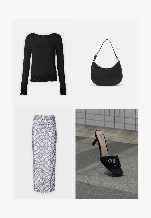 Sort langærmet bluse med en tekstureret, krøllet design. Har en rund halsudskæring og en tætsiddende form med en samlet kant.; Python print midi nederdel i sort og hvid, med en tætsiddende silhuet og rynket tekstur langs siderne. Glat stoffinish.; Sort højhælet mule med guldbeklædt spænde, mærket "RAID", placeret på en tekstureret asfaltflade nær flisebelagt fortov.; Sort hobo taske lavet af glat læder med en buet silhuet, der har en enkelt justerbar skulderrem og minimalistiske designdetaljer.