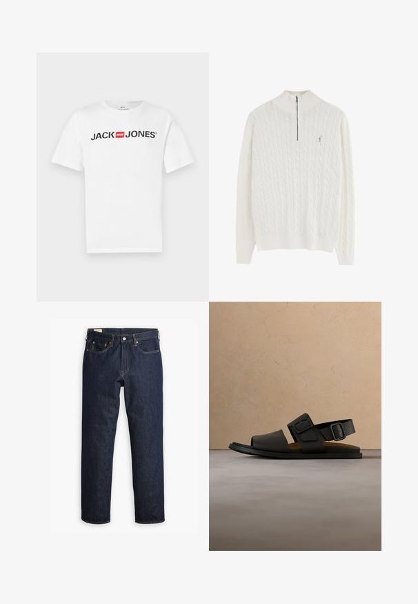 Weißer Strickpullover mit halbem Reißverschluss am Kragen und kleinem gesticktem Logo auf der linken Brust, mit Rippenbündchen an Ärmeln und Saum.; Weißes Baumwoll-T-Shirt mit einem großen schwarzen "JACK & JONES"-Logo und rotem Kastenakzent. Kurze Ärmel und klassischer Rundhalsausschnitt.; Dunkelblaue Denim-Jeans mit geradem Schnitt, ausgestattet mit einem Fünf-Taschen-Stil, sichtbaren Nähten und einem klassischen Knopfverschluss.; Schwarze Sandale mit zwei verstellbaren Riemen, Obermaterial aus glattem Kunstleder, gepolsterte braune Innensohle, flache Gummisohle und offenem Zehendesign.