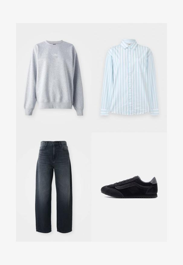 Grauer Sweatshirt mit langen Ärmeln, rundem Halsausschnitt, gerippten Bündchen und Saum. Verfügt über ein kleines weißes Logo auf der Brust. Material aus Baumwollmischung.; Hellblaues und weißes, vertikal gestreiftes Hemd mit langen Ärmeln, Knopfleiste, Brusttasche und klassischem Kragen.; Weite Jeans in dunkelblauem Denim, mit hoher Taille, klassischem Knopf- und Reißverschluss und subtilen Ausbleichungen an der Vorderseite.; Schwarzer Sneaker mit niedrigem Schaft, bestehend aus Wildleder- und Lederakzenten, strukturierter Sohle und Schnürdesign, seitlich auf einem einfarbigen Hintergrund gezeigt.