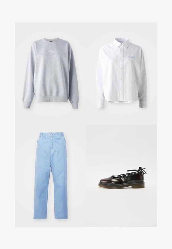 Grå sweatshirt med lange ærmer, rund halsudskæring, ribbede manchetter og kant. Har et lille hvidt logo på brystet. Materialet er en blanding af bomuld.; Hvid skjorte med lyseblå lodrette striber, en spids krave og et lille blåt logo på venstre bryst. Forarbejdet i bomuldsstof, afslappet pasform.; Lyseblå denimbukser med lige ben-design, knaplukning og forlommer. Stof har en subtil tekstur med en glat finish.; Blanketing mørkerød sko med rund tå, snørebåndsdesign, gummisål og sorte snørebånd, med sølvhardware og synede kanter.