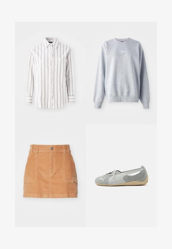Sweat-shirt gris à manches longues, col rond, avec des poignets et un ourlet côtelés. Présente un petit logo blanc sur la poitrine. Matière en mélange de coton.; Chemise blanche à manches longues avec des rayures verticales brunes, un col et une poche poitrine. Tissu en coton avec une texture douce.; Jupe mini en velours côtelé marron clair, dotée d'une taille haute, de poches avant et d'une texture lisse avec des côtes verticales.; Chaussure plate en daim Puma gris clair avec logo blanc, lacets à l'avant, côtés découpés et semelle beige texturée, vue du côté extérieur.