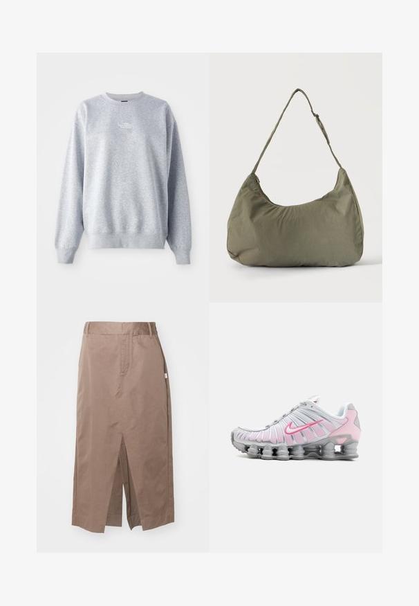 Grauer Sweatshirt mit langen Ärmeln, rundem Halsausschnitt, gerippten Bündchen und Saum. Verfügt über ein kleines weißes Logo auf der Brust. Material aus Baumwollmischung.; Helles Baumwollrock in gerader Form, ausgestattet mit einem vorderen Schlitz, seitlichen Taschen und einem Standardbund. Glatte Textur und sorgfältig gearbeitete Nähte.; Nike Sportschuh in Weiß und Hellrosa. Mit einem Obermaterial aus Mesh und einer markanten, gewölbten Sohle mit sichtbarer Luftpolsterung.; Olivgrüne weiche Stoff-Schultertasche mit Reißverschluss und verstellbarem Tragegurt vor einfarbig hellem Hintergrund.