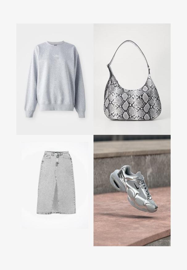 Sudadera gris de manga larga, con cuello redondo, puños y dobladillo acanalados. Presenta un pequeño logo blanco en el pecho. Material de mezcla de algodón.; Falda de mezclilla gris con una abertura frontal, tiro alto, cinco bolsillos y detalles de costura. Dobladillo recto con un leve desgaste. Diseño clásico.; Zapatilla Nike Air plateada y gris con el logo negro flotando sobre una superficie de cemento rosada y un fondo de repisa de piedra.; Bolso de hombro con estampado de serpiente en blanco y negro, de forma redondeada, textura suave y correa curvada. Presenta un acento de hardware plateado.