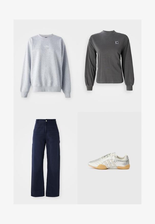 Sweat-shirt gris à manches longues, col rond, avec des poignets et un ourlet côtelés. Présente un petit logo blanc sur la poitrine. Matière en mélange de coton.; T-shirt à manches longues gris en coton, avec un col rond et des poignets élastiques, arborant un petit logo carré sur la poitrine.; Un pantalon cargo large en bleu marine fabriqué dans un tissu en coton résistant, avec des poches latérales et une fermeture à bouton à la taille.; Chaussure de sport argentée avec une tige en cuir lisse, une semelle en caoutchouc et des accents texturés. Présente un design incurvé et des lacets ton sur ton.