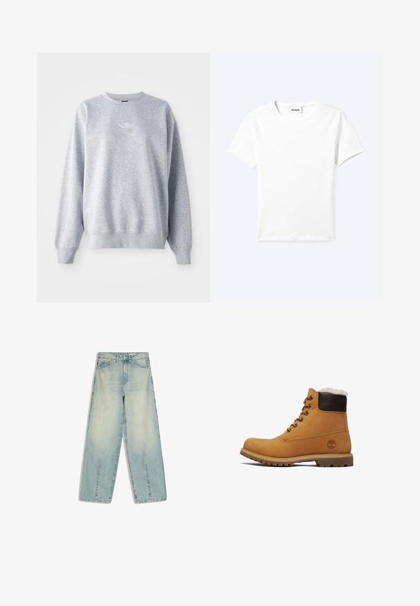 Sweat-shirt gris à manches longues, col rond, avec des poignets et un ourlet côtelés. Présente un petit logo blanc sur la poitrine. Matière en mélange de coton.; T-shirt blanc uni à manches courtes et col rond avec une petite étiquette "WEEKDAY" à l'intérieur de l'encolure, présenté à plat sur un fond clair.; Jean en denim bleu clair à jambes larges avec poches avant, passants pour ceinture, fermeture par bouton et détails légèrement délavés.; Bottine en cuir tan avec un col rembourré marron, des œillets en métal et une semelle texturée et durable. Présente un logo près du talon.